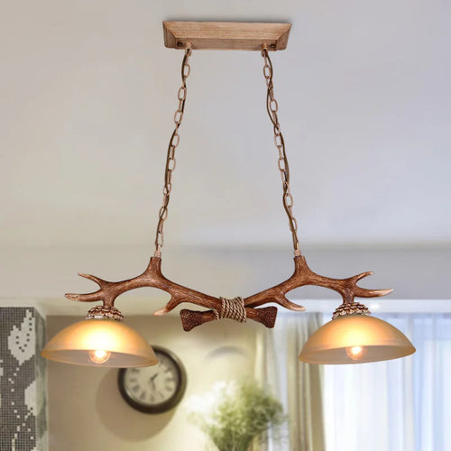 lustre rétro double bois résine suspension led décoration loft - vue 3 sur 7