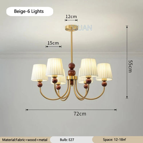 lustre led vintage américain en tissu plissé et bois wabi-sabi