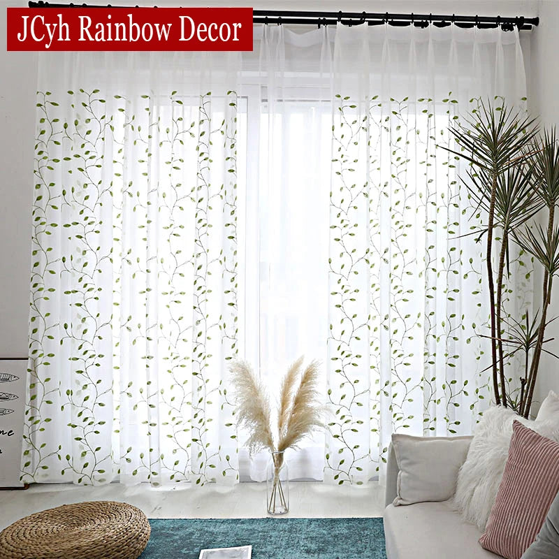 Voilage tulle brodé motif feuilles pour salon chambre - vue 3 sur 7