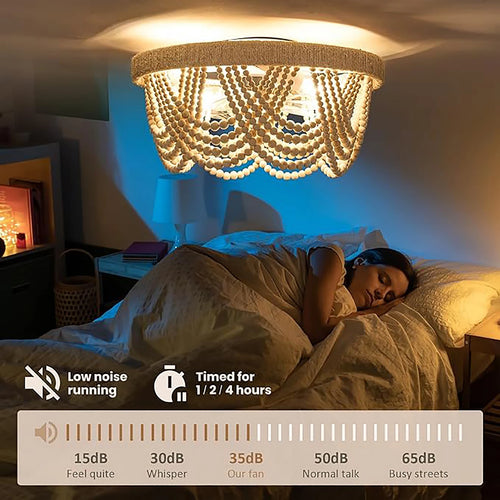 plafonnier led bohémien en perles de bois avec télécommande style nordique vintage - vue 5 sur 6