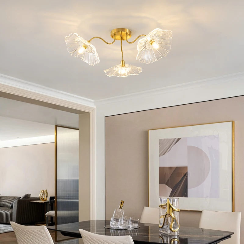 lustre nordique en fer avec verre et décoration dorée - vue 3 sur 12