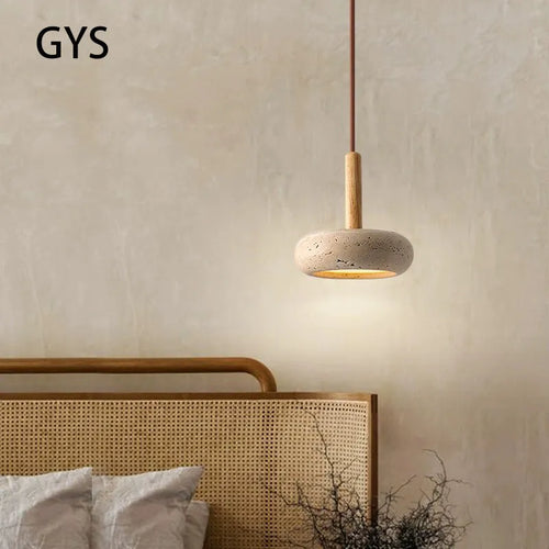 Suspension LED en pierre et bois moderne chevet japonais - vue 3 sur 7