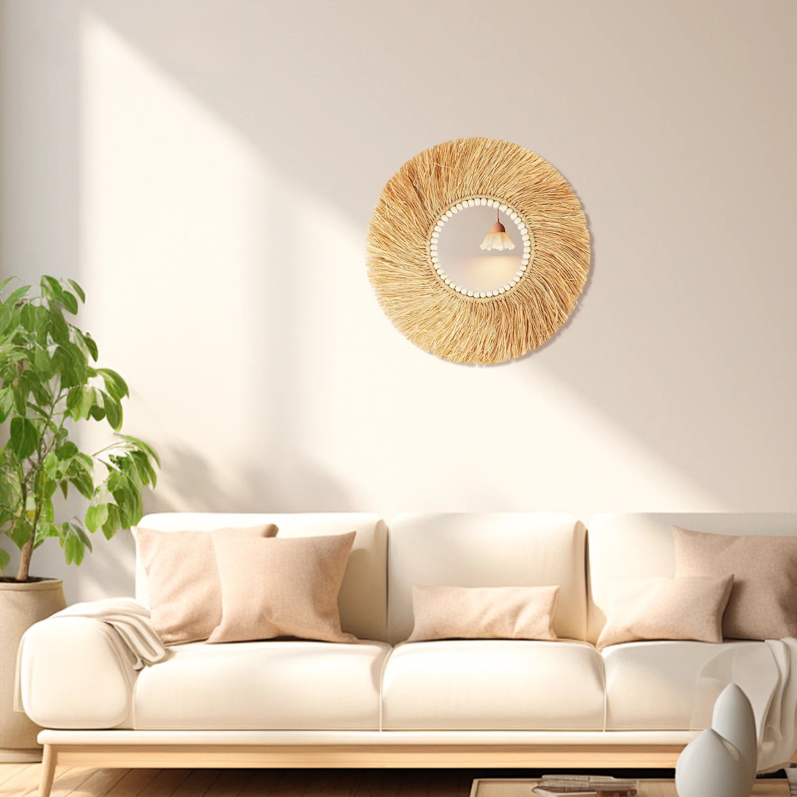 miroir décoratif en perles de bois fait main style bohème - vue 4 sur 7