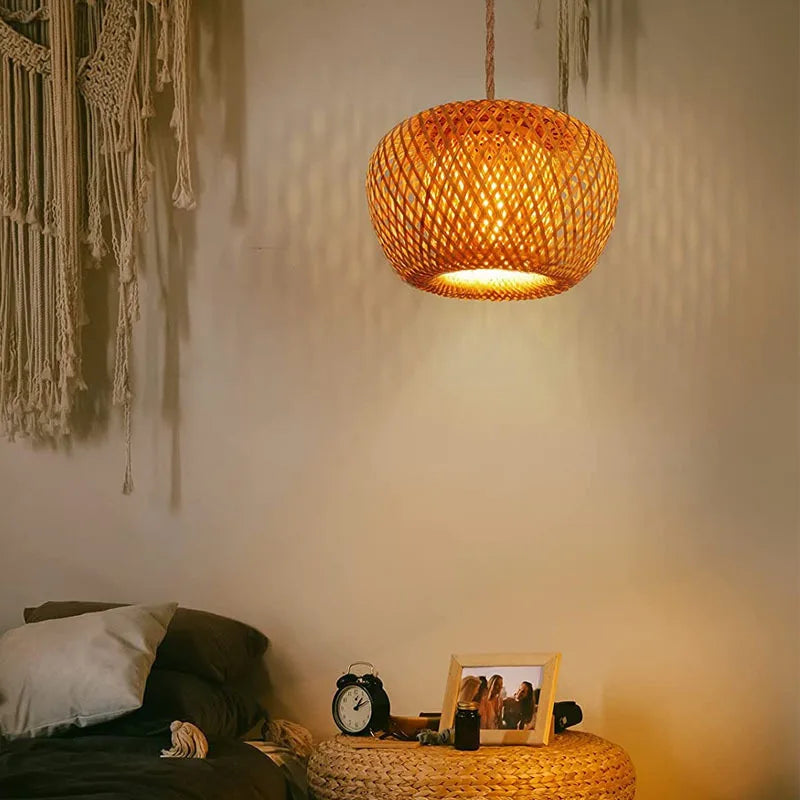 suspension antique en corde de chanvre et bambou tissé à intensité variable - vue 10 sur 11