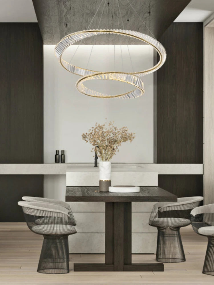 lustre décoratif circulaire en cristal et acier inoxydable - vue 3 sur 7