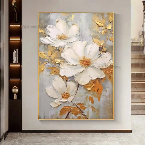 Tableau peinture à l'huile épaisse fleurs blanches abstraites décoration murale luxe - vue 6 sur 11