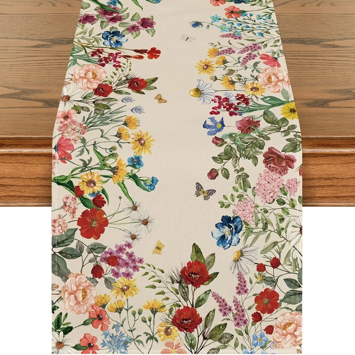 Chemin de table en lin motif fleurs papillons