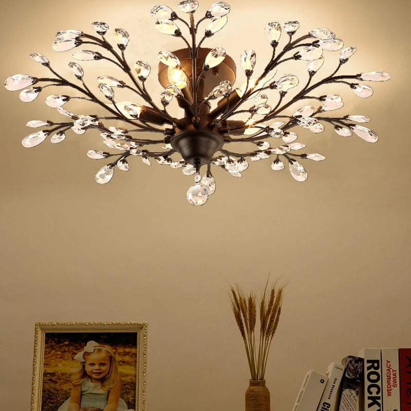 lustre vintage en métal noir avec suspensions en cristal pour intérieur moderne - vue 4 sur 6
