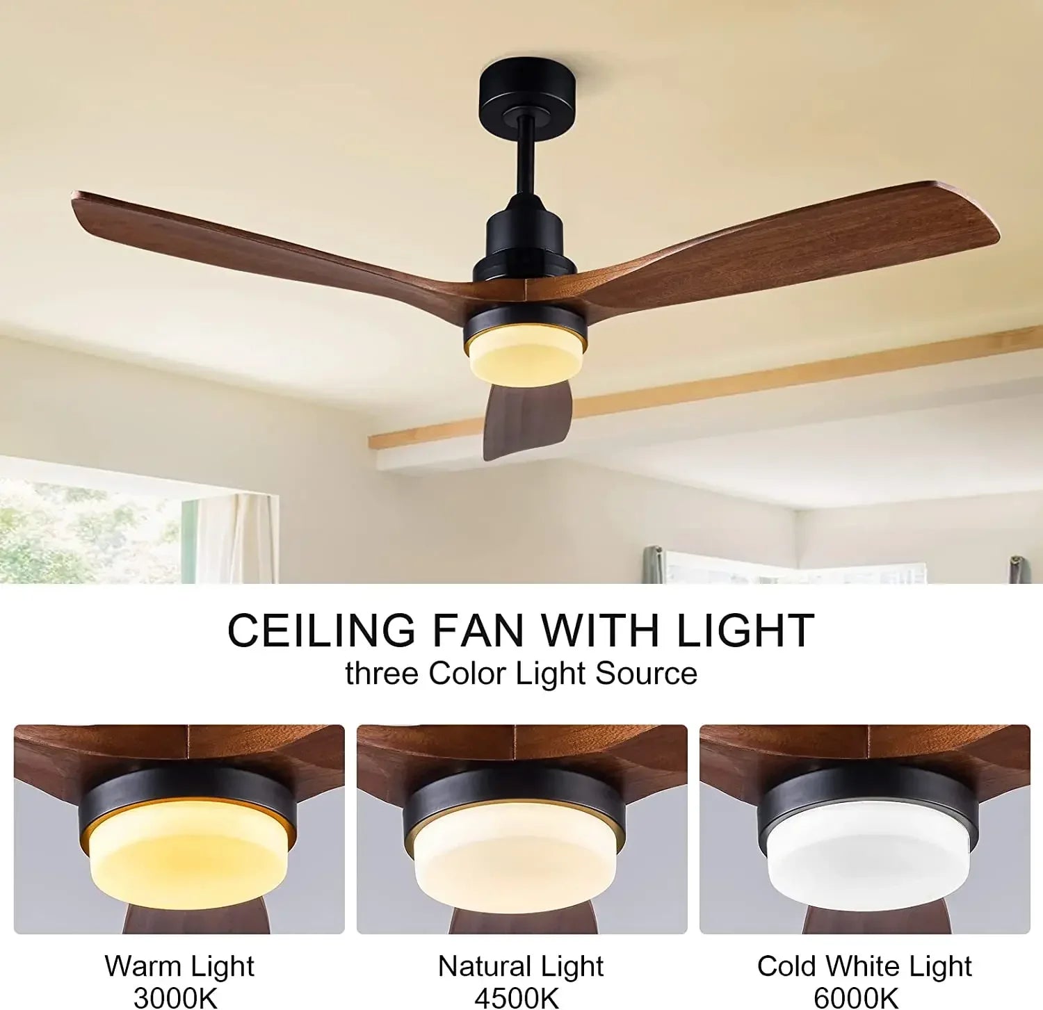 ventilateur de plafond bois 3 pales avec lumière et télécommande - vue 5 sur 8
