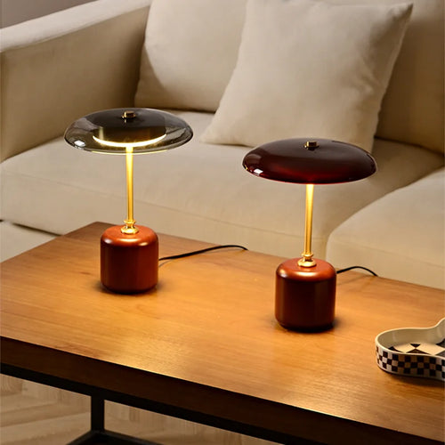 lampe à poser rétro en verre bois et cuivre design artistique - vue 2 sur 8