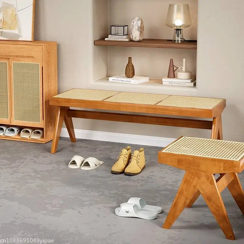 banc en rotin massif chaise longue et ottoman rétro polyvalent - vue 5 sur 14