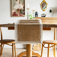 Chemin de table toile jute beige pompons champetre