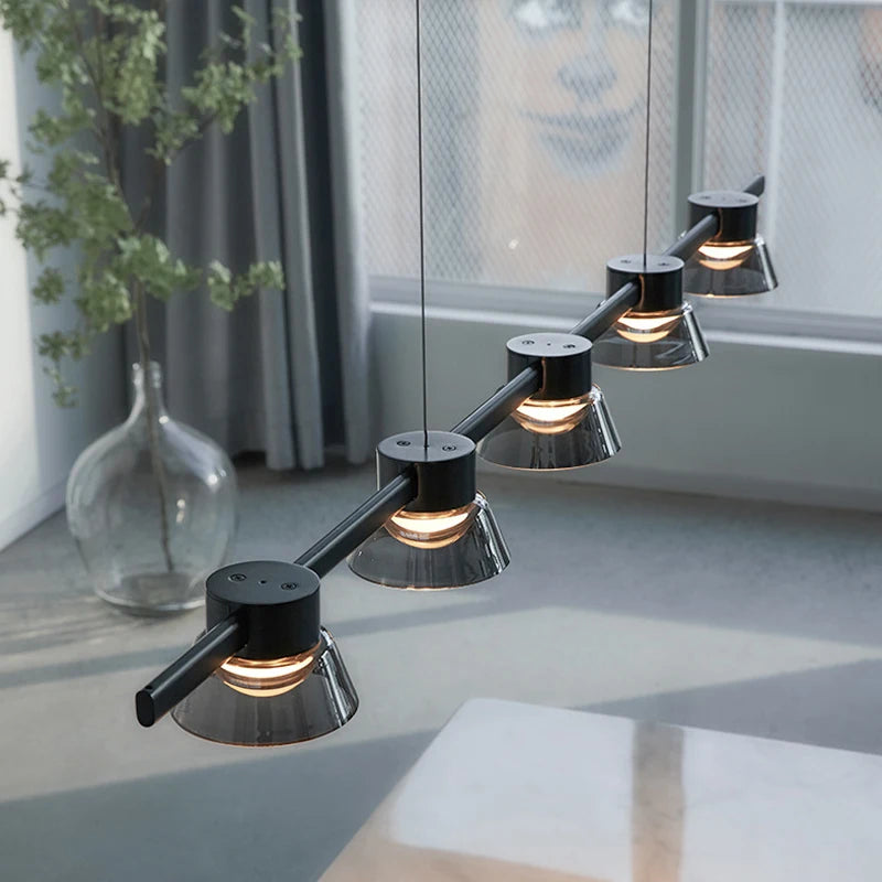 Nordic minimalist strip glass Led Dining Room Ceiling Chandelier Dining Room Bar Kitchen Island decorated hanging light fixtures - vue 4 sur 9