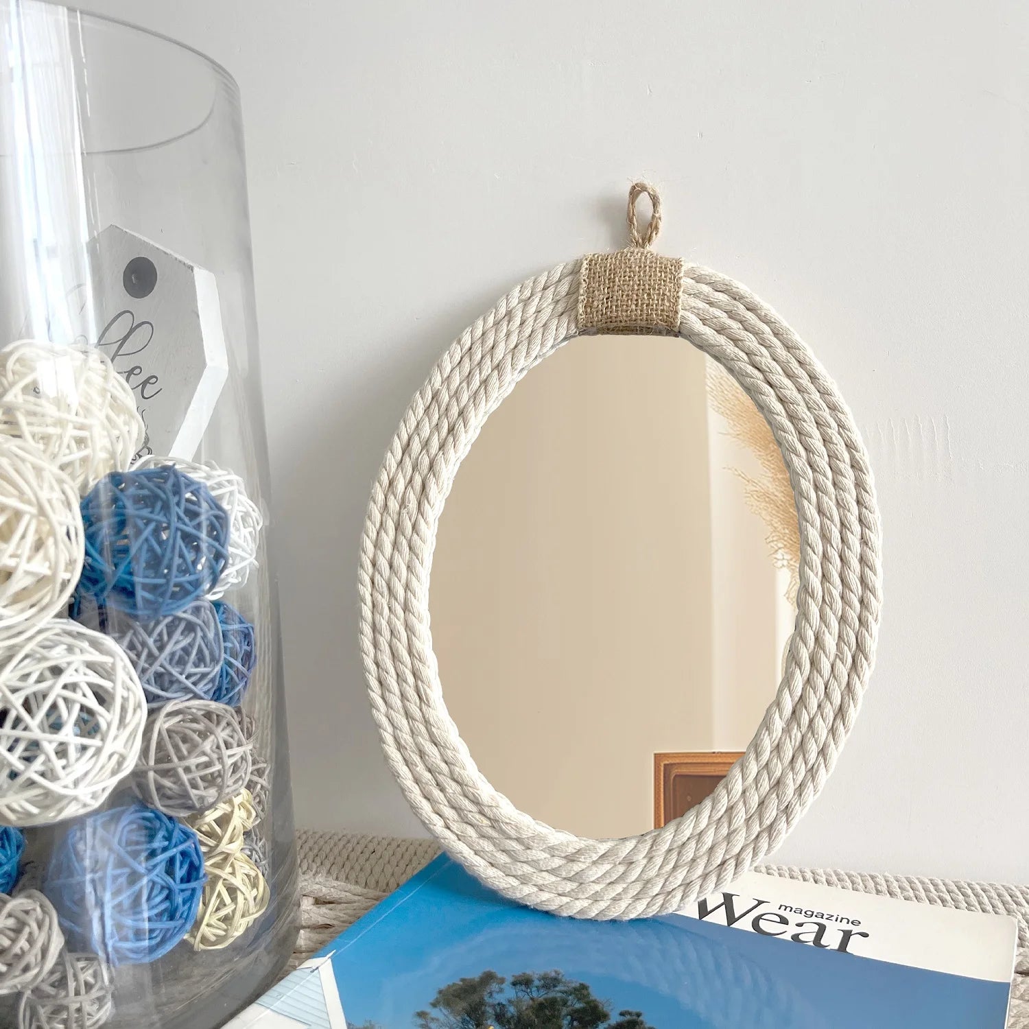 miroir ovale en corde style nautique avec frange en macramé - vue 6 sur 7