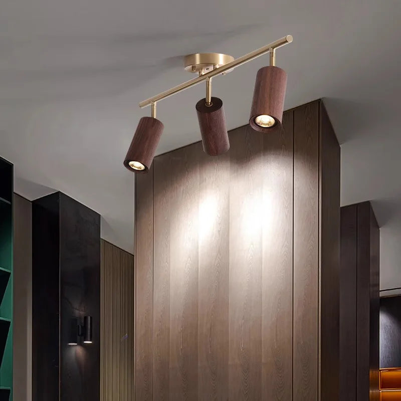 Walnut Wood Brass Spotlight Ceiling Light Fixture, Living Room Light for Dining Room, Kitchen Island, Corridor aisle, bedroom - vue 3 sur 14