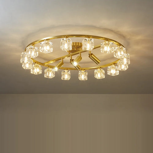 plafonnier en cuivre or noir argent cube cristal LED design moderne 2024 - vue 7 sur 10