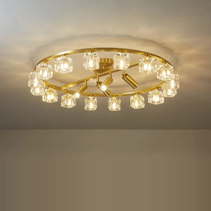 plafonnier en cuivre or noir argent cube cristal LED design moderne 2024 - vue 6 sur 10