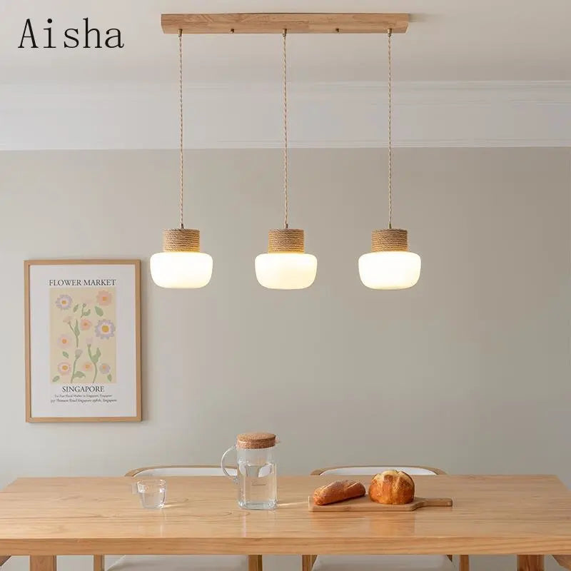 suspension wabi-sabi en verre blanc avec corde de chanvre - vue 1 sur 10