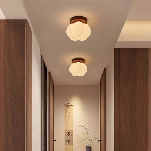 Walnut Wood Roll Molded Pumpkin, Wabi Sabi Modern, Flush Ceiling light fixture for Entrance Hall, Corridor, Balcony, Entrance - vue 4 sur 10