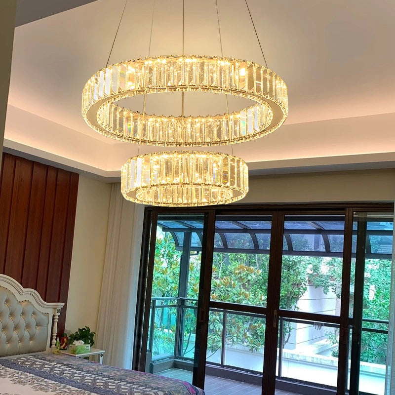 lustre moderne en cristal avec anneaux réglables pour décoration intérieure - vue 3 sur 25