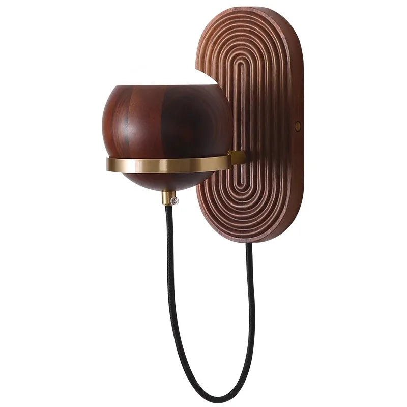 Walnut Wood Circular Sphere, Wabi-sabi minimalist Modern style, Wall Sconce light for Bedroom, Bedside, Living, Dining Room - vue 6 sur 8