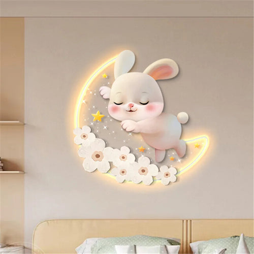 Dessin animé fraise lapin peinture décorative applique murale LED lampe filles chambre chevet atmosphère lumière enfants acrylique murale appliques - vue 4 sur 8