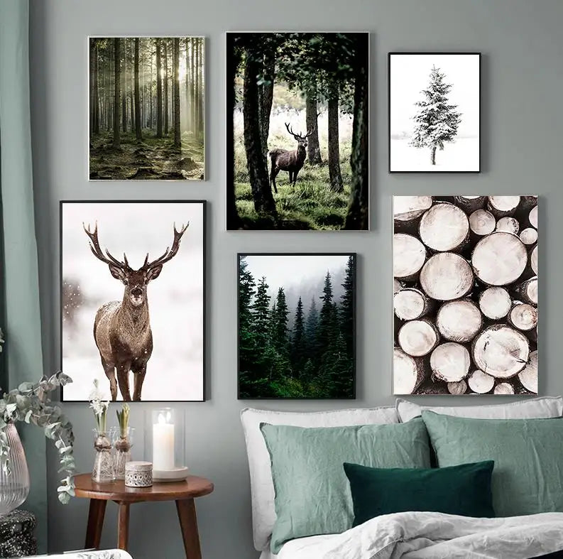 hiver forêt cerf hibou paysage art mural nordique - vue 2 sur 7