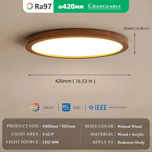 Walnut wood RA≥97, Modern Minimalism Wabi-sabi, Ultra thin eye protection Ceiling light for Living room, Bedroom, Study, Master - vue 13 sur 12