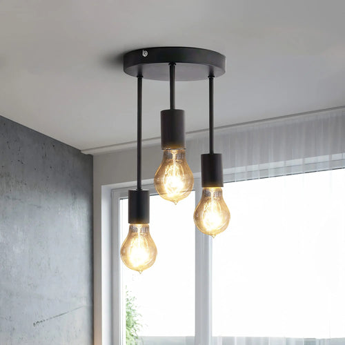 Grensk Plafonnier Industriel Noir 3 Têtes Ampoules Luminaire Vintage Pour Cuisine Balcon Porche Salon - vue 2 sur 10
