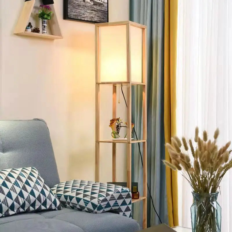 lampadaire LED étagère de rangement Nordic tissu bois massif lampe sur pied pour salon chambre bibliothèque fleur support interrupteur à tirer - vue 7 sur 7