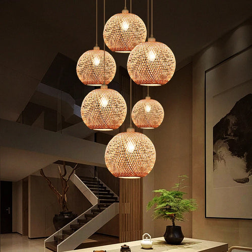 lustre moderne nordique en bambou tissé à la main led - vue 4 sur 10