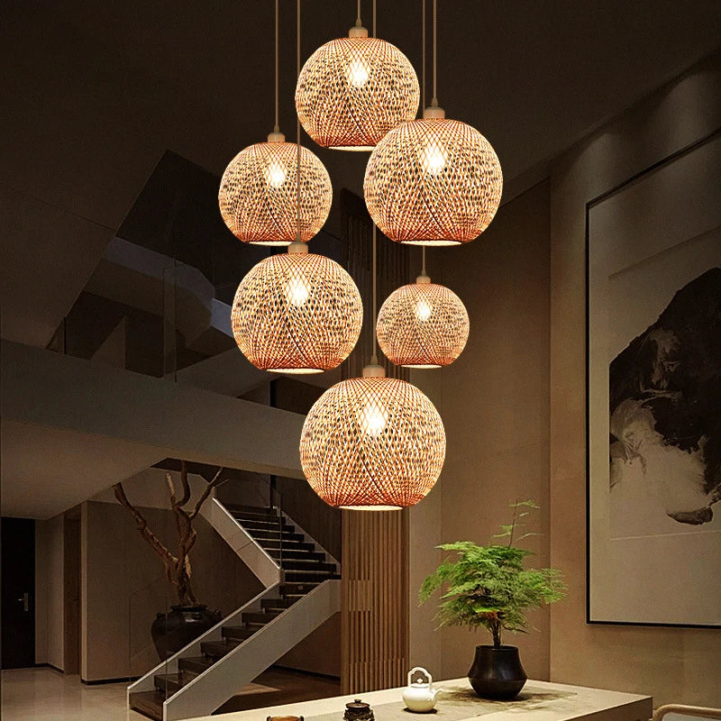 lustre moderne nordique en bambou tissé à la main led - vue 3 sur 10
