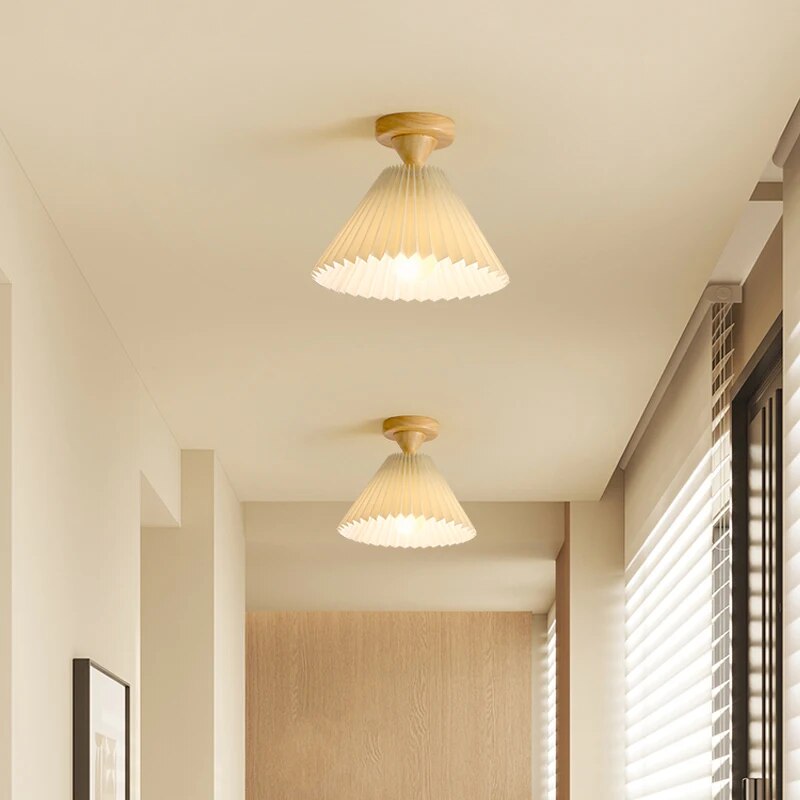 plafonnier moderne led bois tissu plissé - vue 3 sur 11