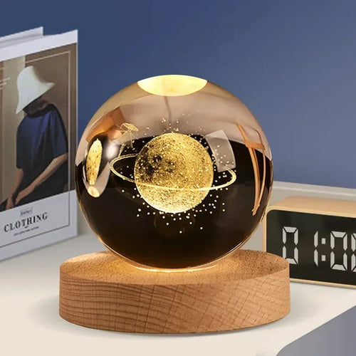 veilleuse 3D en cristal système solaire cadeau décoratif en bois - vue 15 sur 16