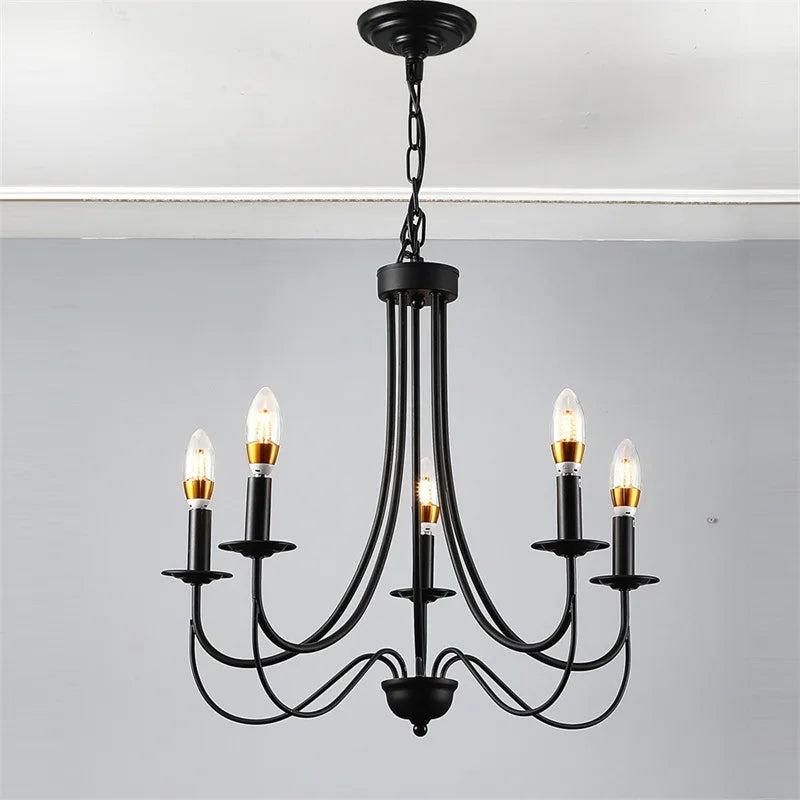 lustre en fer forgé noir 5 ampoules style industriel vintage américain - vue 4 sur 6