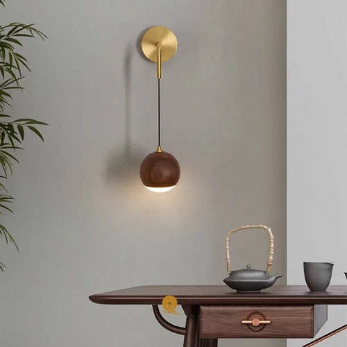 Walnut Wood Round ball Wall light, Wabi-sabi Modern style, Wall Sconces for Bedroom, Living, Corridor, Aisle balcony, Entrance - vue 5 sur 7
