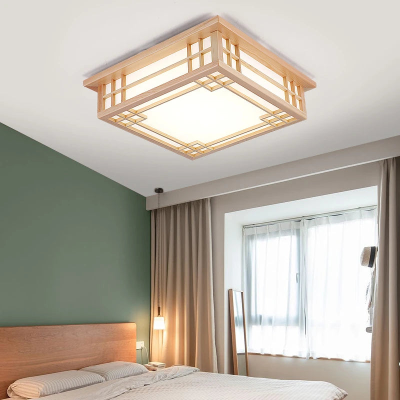 Plafonnier nordique en bois massif carré led décoratif - vue 4 sur 5