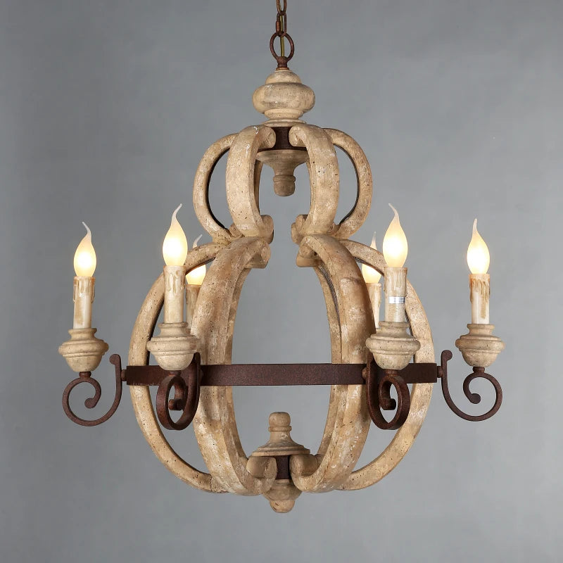 lustre rustique en bois vintage à 6 lumières design français - vue 5 sur 7