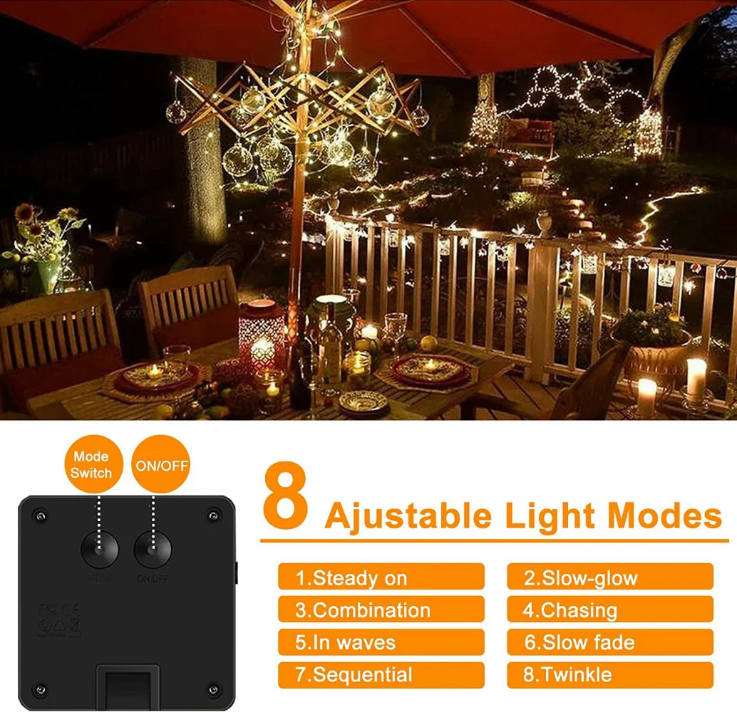 guirlandes lumineuses solaires étanches 300 led 8 modes fil cuivre - vue 2 sur 12