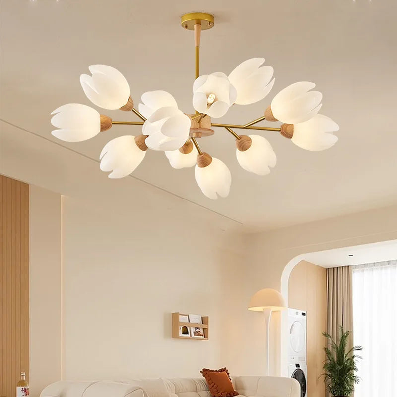 lustre nordique en bois avec lumière en forme de fleur - vue 1 sur 9