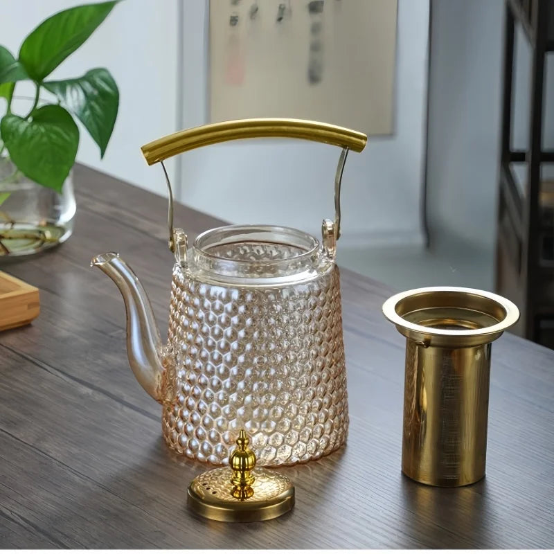 Théière japonaise verre borosilicate rétro poignée cuivre - vue 5 sur 7