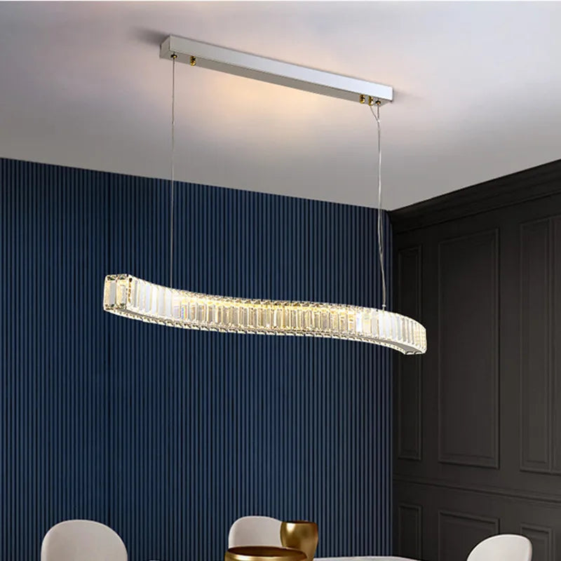 lustre moderne en acier avec cristaux et lumières led suspendues - vue 4 sur 8