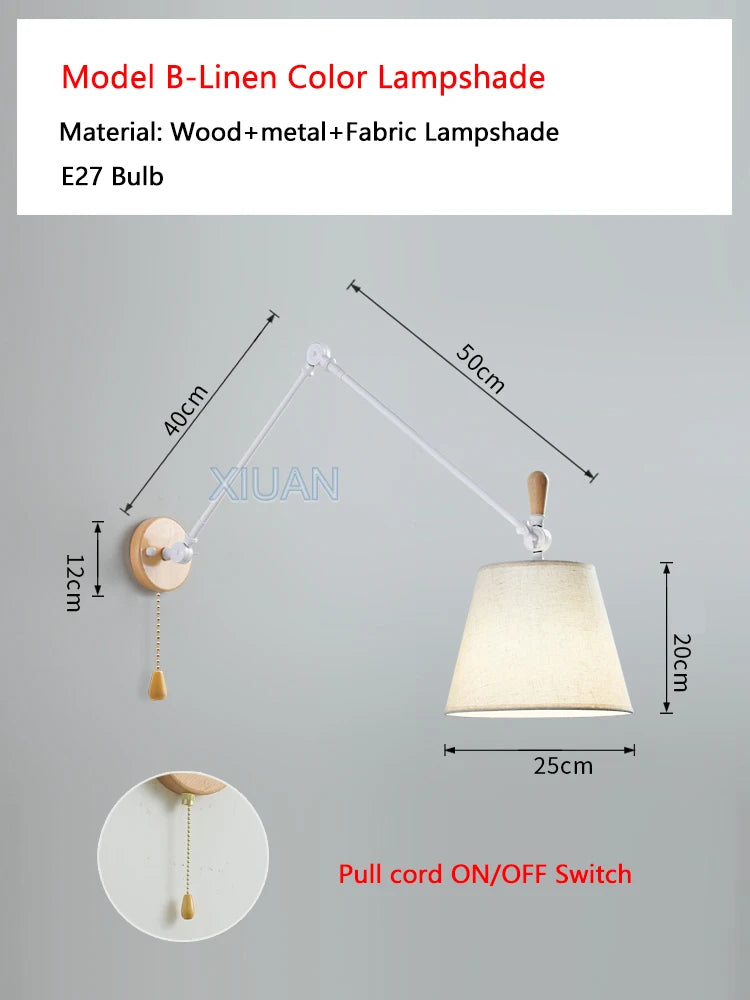 Nordic Shiftable Rocker Arm Wall Lamps Fabric Lampshade Dining Table Wall Light for Bedside Study Reading Lighting ON/OFF Switch - vue 8 sur 14