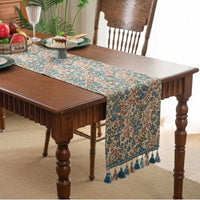 Chemin de table jacquard vert fleurs campagne pompons