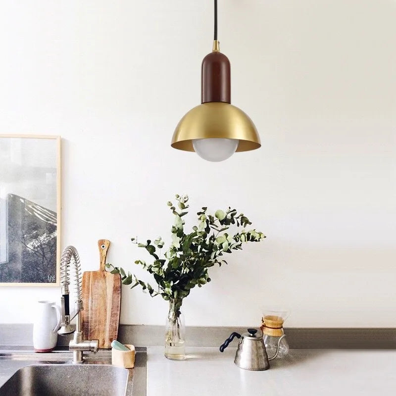 lustre minimaliste style japonais en noyer noir avec applique en laiton - vue 7 sur 8