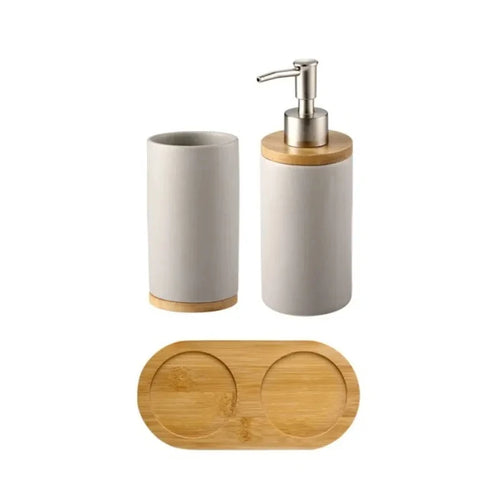 ensemble d'accessoires de salle de bain en céramique et bambou - vue 15 sur 16