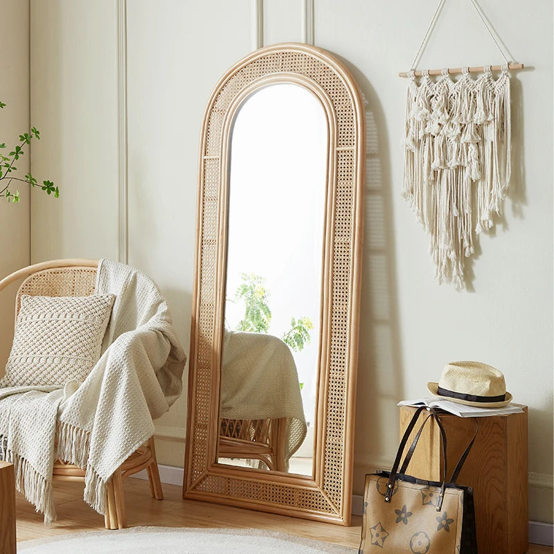 miroir vintage pleine longueur en rotin pour dressing - vue 2 sur 5