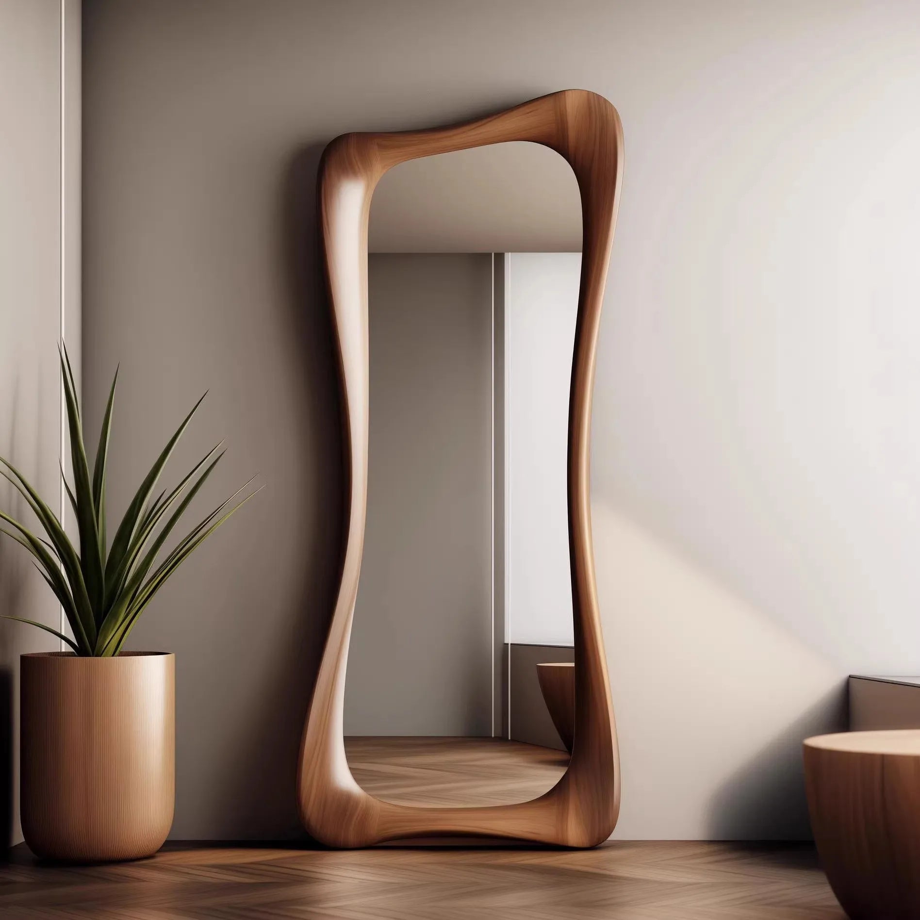 miroir décoratif de luxe artistique en bois de noyer léger - vue 5 sur 5