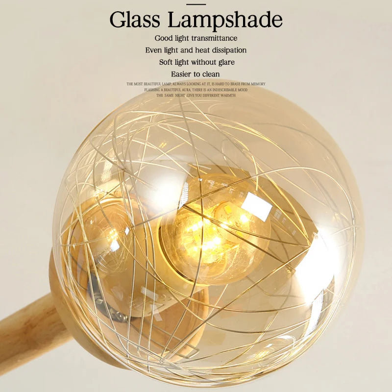 lustre moderne en bois avec abat-jour en verre pour décoration maison - vue 4 sur 10