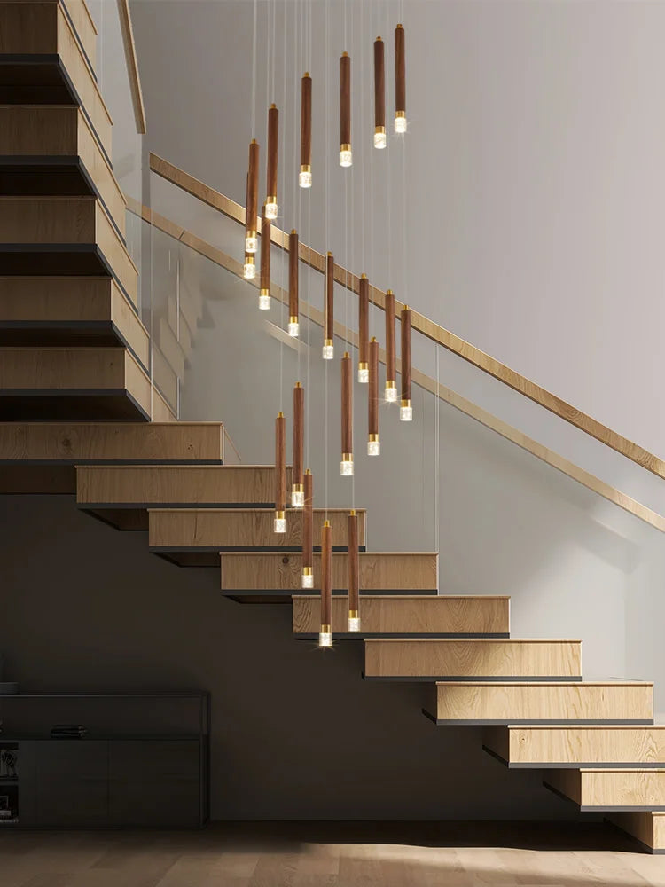 lustre led moderne en noyer pour duplex nordique simple - vue 6 sur 7